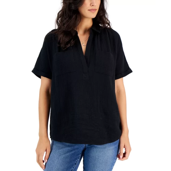 Best Sale ๐ Style & Co ๐ฉ Women's Cotton Crinkle Gauze Split-Neck Top, Created For Macy's Denim Blue ๐ฅ - Image 2