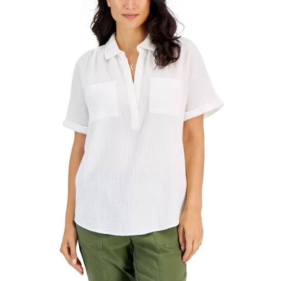 Best Sale ๐ Style & Co ๐ฉ Women's Cotton Crinkle Gauze Split-Neck Top, Created For Macy's Denim Blue ๐ฅ - Image 3