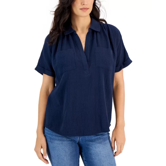 Best Sale ๐ Style & Co ๐ฉ Women's Cotton Crinkle Gauze Split-Neck Top, Created For Macy's Denim Blue ๐ฅ - Image 4