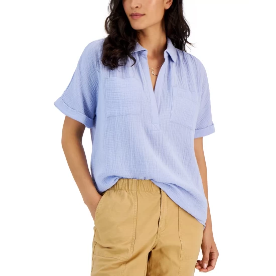 Best Sale ๐ Style & Co ๐ฉ Women's Cotton Crinkle Gauze Split-Neck Top, Created For Macy's Denim Blue ๐ฅ - Image 5